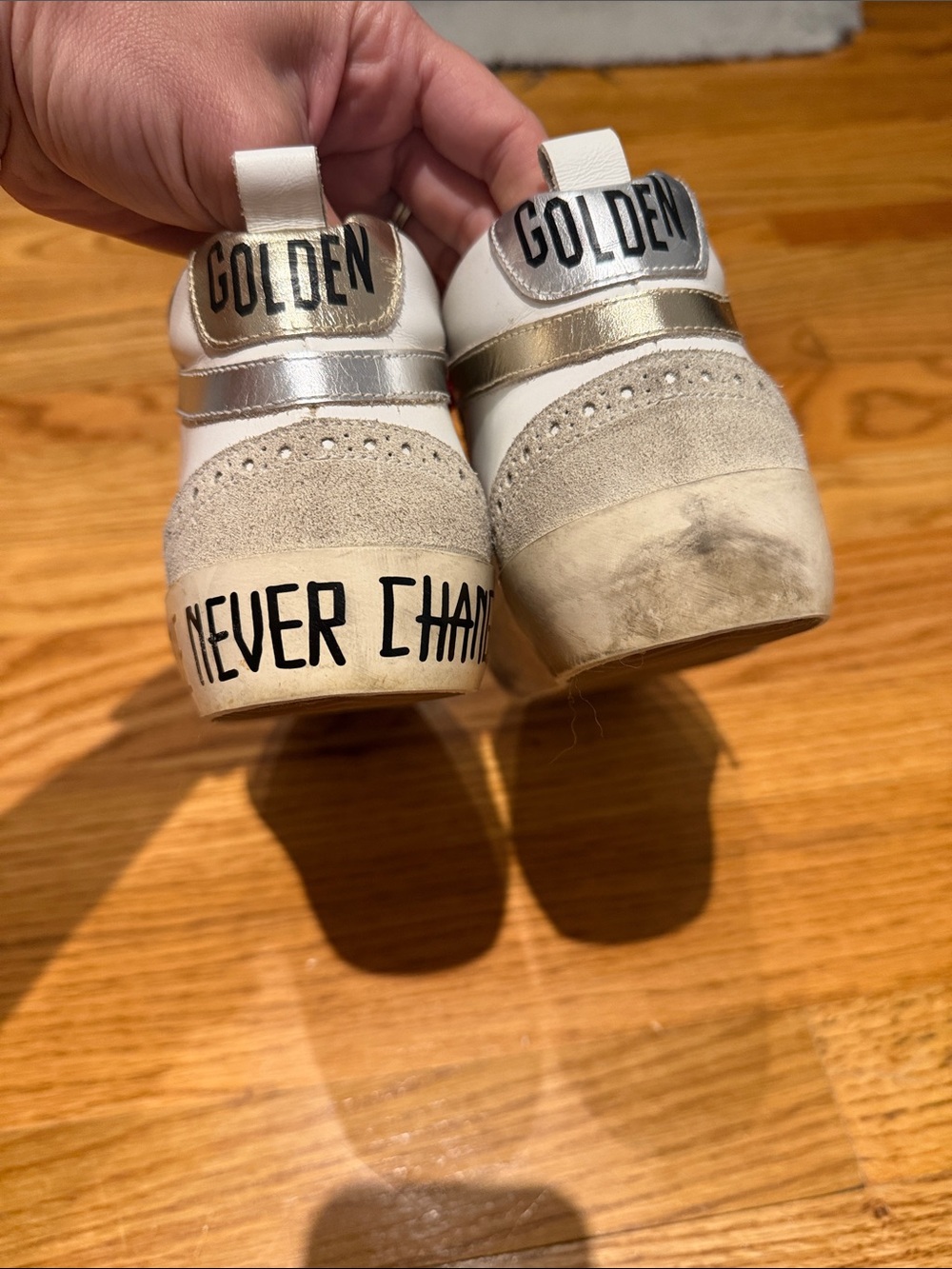 Golden Goose White High-Top Sneakers with Hot Pink Laces and Silver Glitter Star - Picture 10 of 11